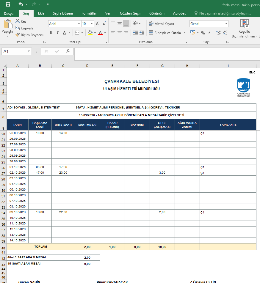 Personel bazında başlangıç, bitiş, gece çalışması ve yapılan işi gösteren fazla mesai Excel çizelgesi
